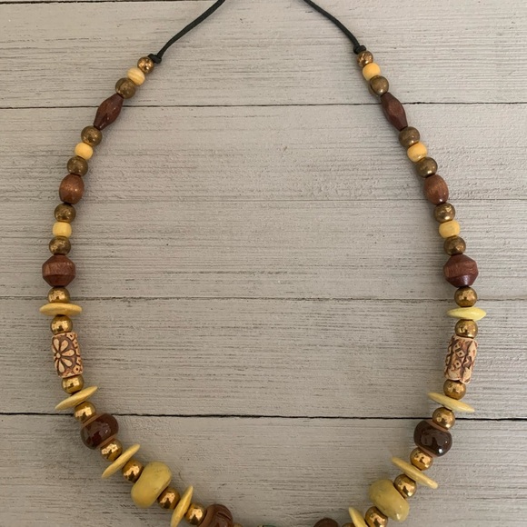 Tribal Boho Necklace Wood Ceramic African Ethnic Brass Painted Porcelain Bead 26 - Picture 6 of 16